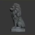 Carved Sitting Stone Lion Statue With Detailed Mane And Square Base
