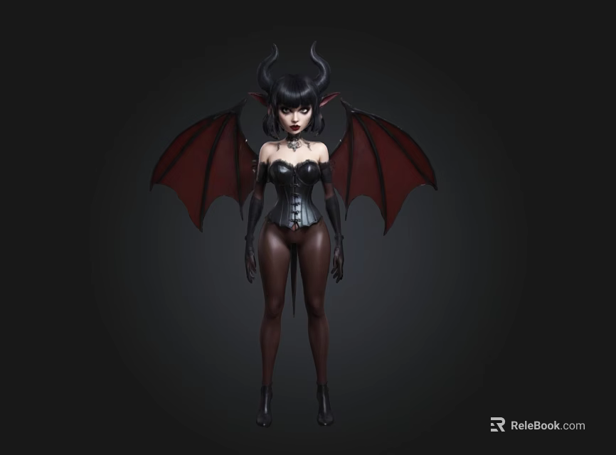 Fantasy Demon Female Character With Bat Wings Black Leather Corset And Dark Background 3d model 
