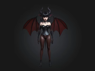 Fantasy Demon Female Character With Bat Wings Black Leather Corset And Dark Background 3d model