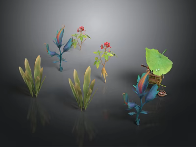 Colorful Tropical Plants With Green Leaves Red Berries And Large Foliage 3d model
