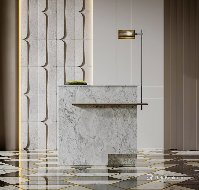 Marble Podium With Modern Wall Lamp Geometric Patterned Wall And Tiled Floor 3d model 