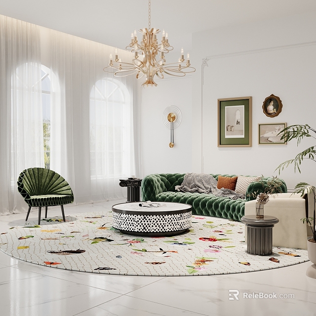 Living Room Interior With Green Velvet Sofa Armchair Round Floral Rug Chandelier And Arched Windows 3d model 