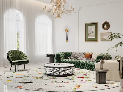 Living Room Interior With Green Velvet Sofa Armchair Round Floral Rug Chandelier And Arched Windows 3d model