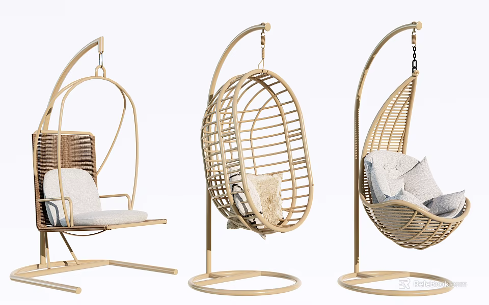 Rattan Outdoor Hanging Chairs With Metal Stand And Comfortable Cushions Different Styles 3d model 