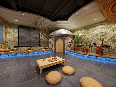SPA Sauna Interior With Stone Walls Wooden Table Cushions And Green Plants 3d model