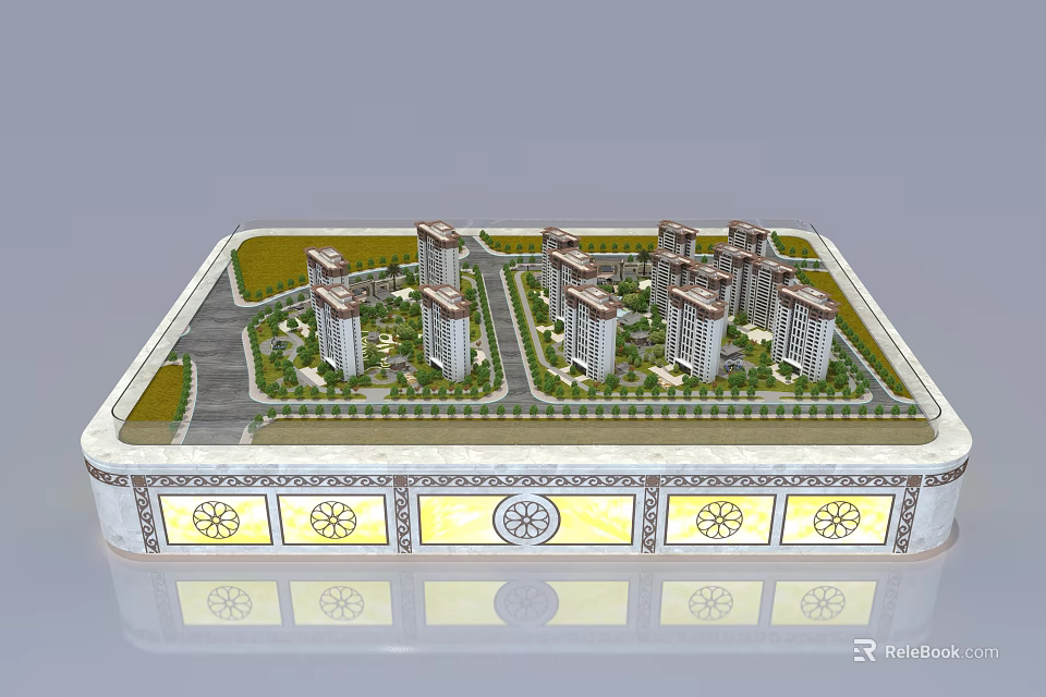 Commercial Building Model Display Equipment With Neatly Arranged High Rise Buildings Greenery And Decorative Base 3d model 
