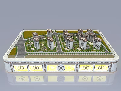 Commercial Building Model Display Equipment With Neatly Arranged High Rise Buildings Greenery And Decorative Base 3d model