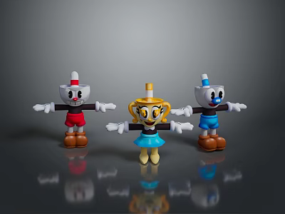 Cartoon Game Movie Characters Three Figures With White Hats Black Bodies And Colorful Outfits 3d model