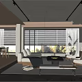 Modern Living Dining Room Open Layout With Sofa Coffee Table Large Windows And Blinds