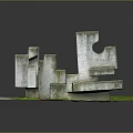 Architectural Landscape with Gray Concrete Structures Green Grass and Gray Ground 3d model
