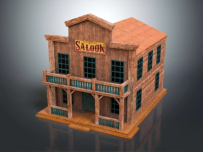 Vintage Saloon Building With Wooden Structure Red Roof Balcony Black Frame Windows And Saloon Sign 3d model