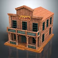Vintage Saloon Building With Wooden Structure Red Roof Balcony Black Frame Windows And Saloon Sign