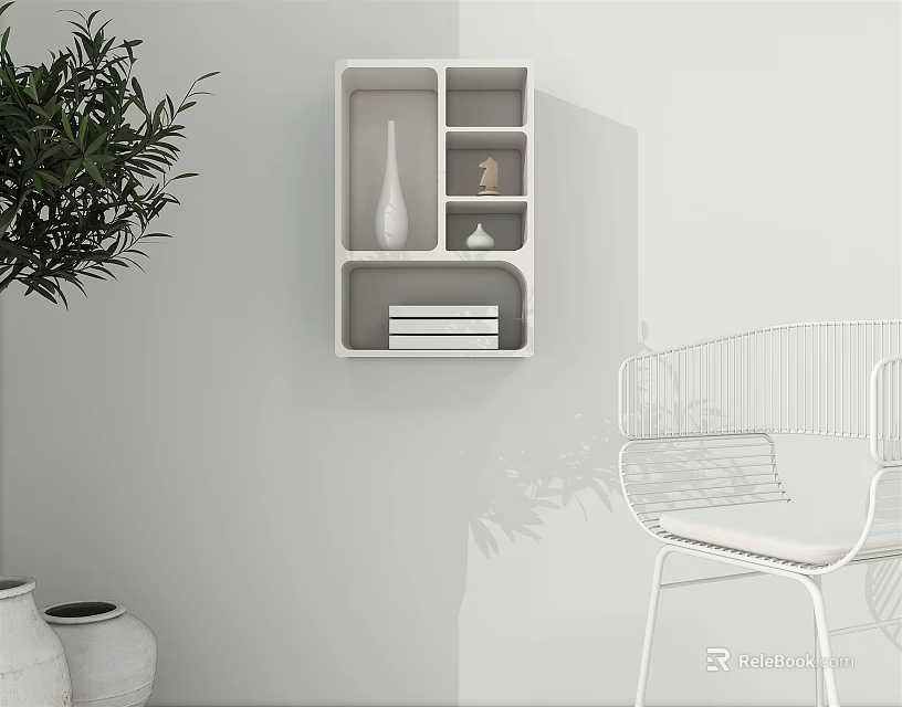 Modern White Wall Mounted Shelf With Decorative Vase Books Near Potted Plant And White Chair 3d model 