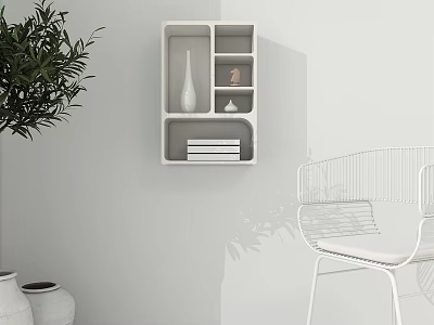 Modern White Wall Mounted Shelf With Decorative Vase Books Near Potted Plant And White Chair 3d model