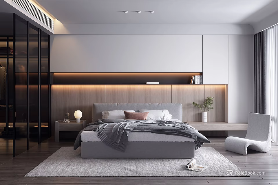 Modern Bedroom Interior Design With Gray Bed Wooden Headboard Ambient Lighting And Soft Rug 3d model 