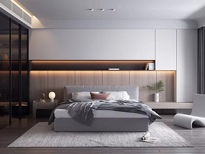 Modern Bedroom Interior Design With Gray Bed Wooden Headboard Ambient Lighting And Soft Rug 3d model