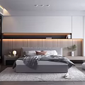 Modern Bedroom Interior Design With Gray Bed Wooden Headboard Ambient Lighting And Soft Rug