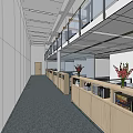 Modern Office Corridor Design With Glass Railings Display Cabinets And Grey Carpet