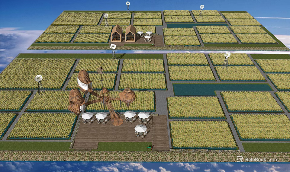 Scenic Rural Landscape Featuring Grid Like Green Fields Wooden Huts And Windmill 3d model 