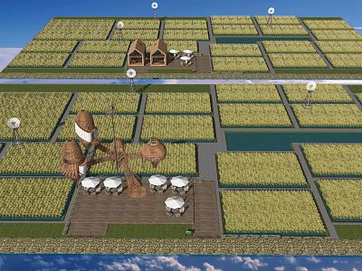 Scenic Rural Landscape Featuring Grid Like Green Fields Wooden Huts And Windmill 3d model