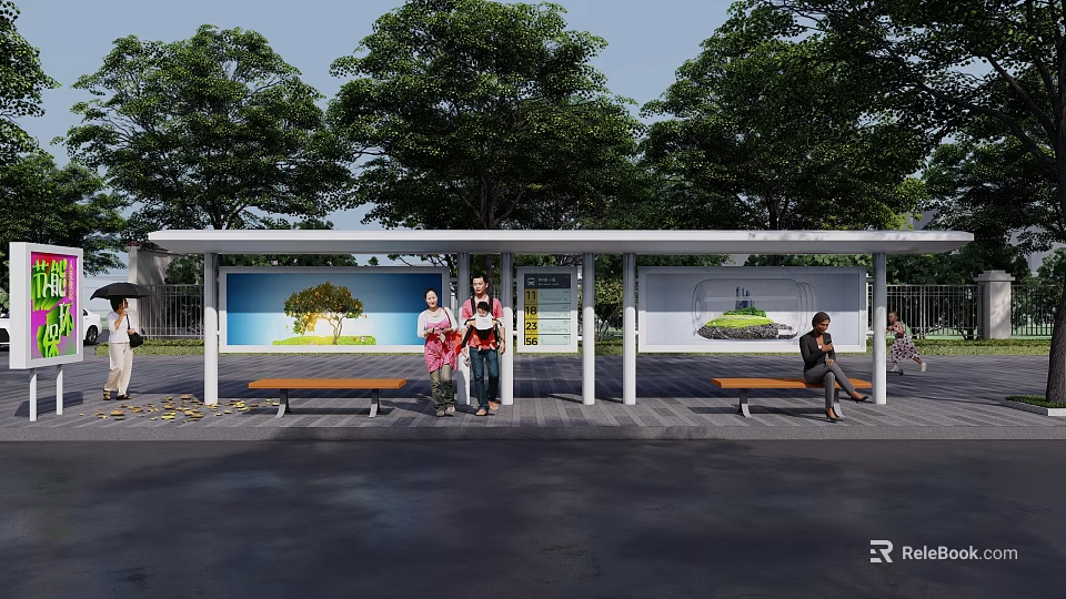Modern Bus Stop With Shelter Benches People Billboards And Green Trees 3d model 