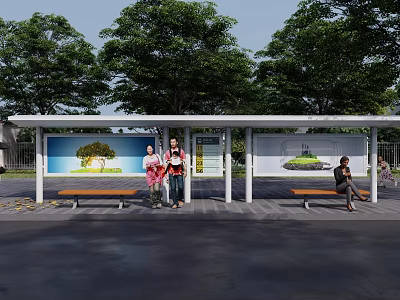 Modern Bus Stop With Shelter Benches People Billboards And Green Trees 3d model