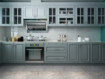 Modern Kitchen With Light Gray Glass Door Cabinets And White Countertop 3d model