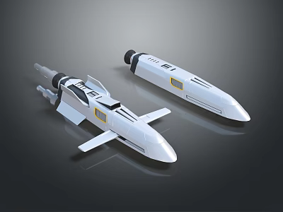 Two White Rocket Like Objects With Sharp Nose Wings And Black Yellow Details 3d model