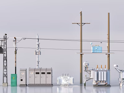 Industrial Equipment Including Electrical Cabinets Transformers Utility Poles Metal Structures And Cables 3d model