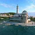 Scenic White Lighthouse With Circular Base Staircase And People Under Blue Sky White Clouds