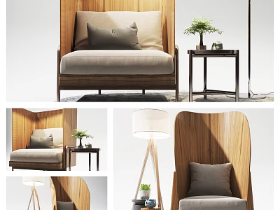 Modern Lounge Chair Design With Wooden Frame Beige Cushion Pillow Side Table And Potted Plant 3d model