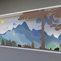 Nature Themed Background Wall With Blue Mountains Sun Clouds And Forest Animals 3d model