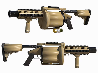 Military Style Tan Tactical Shotgun With Drum Magazine Pistol Grip Tactical Rail And Shells 3d model