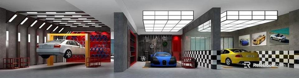 Modern 4S Store Showroom With Luxury Blue Sports Car Tire Display And LED Lighting 3d model 