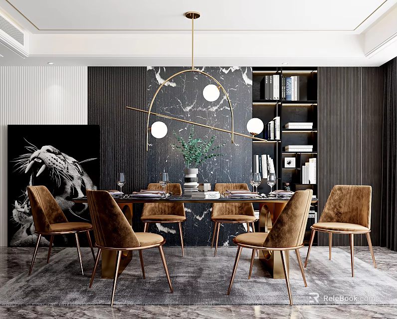 Modern Luxurious Restaurant Interior With Dining Table Chairs Marble Wall Art And Pendant Light 3d model