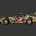 Camouflage Wrapped Sports Car with Open Doors Drift Logo and Stylish Alloy Wheels