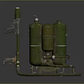 Military Style Vintage Flamethrower With Green Gas Cylinders Spray Gun Component And Connected Pipes
