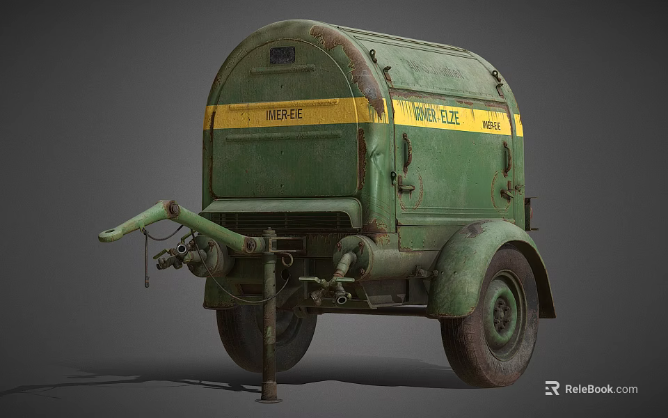 Vintage Green Trailer Mounted Industrial Equipment With Yellow Stripe Thomas Roger Dee Marks Wheels Pipes 3d model 