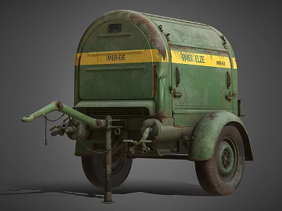 Vintage Green Trailer Mounted Industrial Equipment With Yellow Stripe Thomas Roger Dee Marks Wheels Pipes 3d model