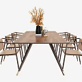 Modern Rectangular Wooden Dining Table Set with Six Woven Back Chairs and Decorative Vase 3d model