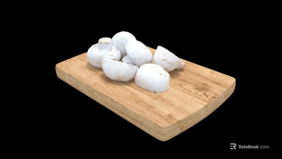 Fresh White Mushrooms Displayed on Wooden Cutting Board with Black Background 3d model 