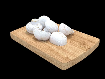 Fresh White Mushrooms Displayed on Wooden Cutting Board with Black Background 3d model