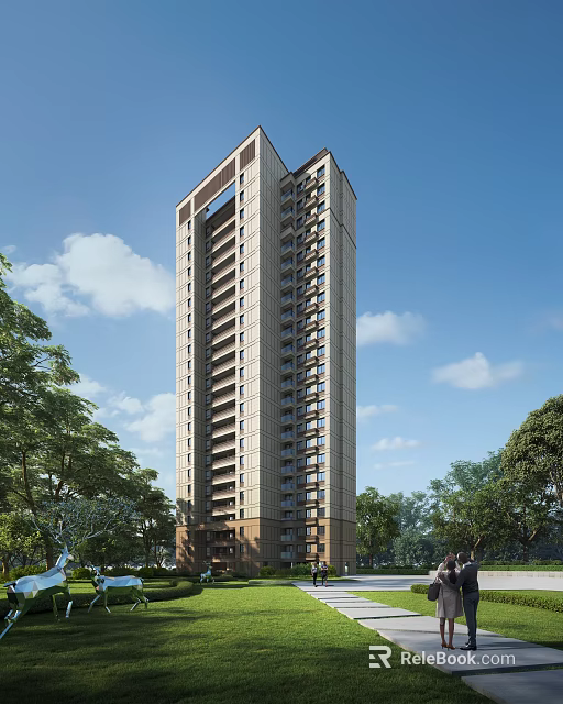 Modern High Rise Residential Building with Balconies Surrounded by Lush Trees and Blue Sky 3d model 