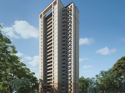 Modern High Rise Residential Building with Balconies Surrounded by Lush Trees and Blue Sky 3d model