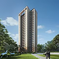 Modern High Rise Residential Building with Balconies Surrounded by Lush Trees and Blue Sky