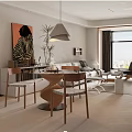 Contemporary Dining and Living Room Interior With Sofa Dining Table Chairs Pendant Light and Artwork