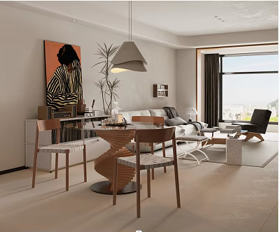 Contemporary Dining and Living Room Interior With Sofa Dining Table Chairs Pendant Light and Artwork 3d model