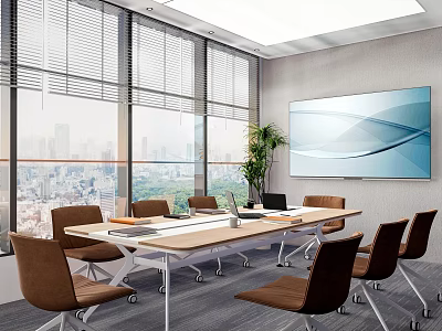 Modern Conference Room With Large Windows City View Long Table Brown Chairs And Green Plant 3d model