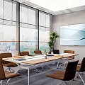 Modern Conference Room With Large Windows City View Long Table Brown Chairs And Green Plant