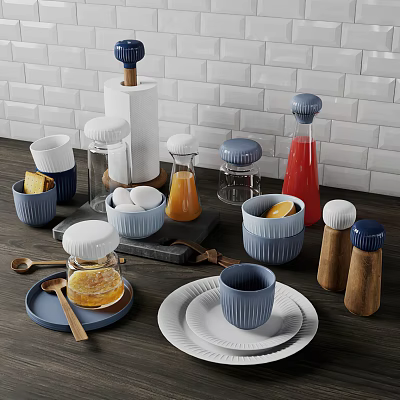 Modern Tableware Set With Ceramic Bowls Cups Plates Blue White Glass Bottles Wooden Spoons 3d model